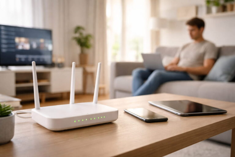 Heimnetzwerk mit Router und verbundenen Geräten im Alltag