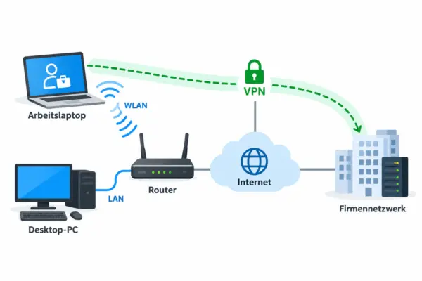 Homeoffice-Netzwerk mit Router, Desktop-PC über LAN, Laptop über WLAN und VPN-Verbindung zum Firmennetzwerk