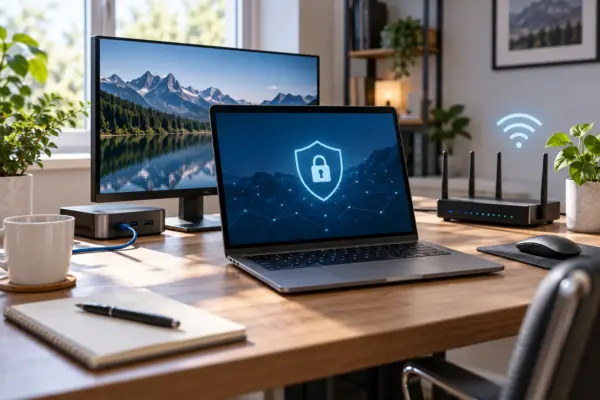 Sicheres Homeoffice-Netzwerk mit Laptop, WLAN-Router und vernetztem Arbeitsplatz