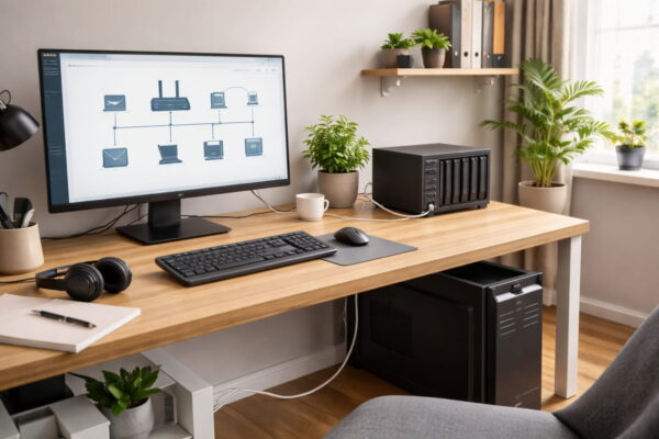 Homeoffice Arbeitsplatz mit Desktop-PC und NAS-Server im kabelgebundenen LAN-Heimnetzwerk