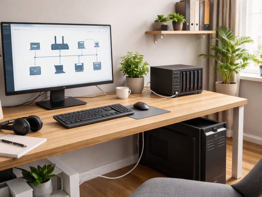 Homeoffice Arbeitsplatz mit Desktop-PC und NAS-Server im kabelgebundenen LAN-Heimnetzwerk