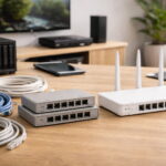 Router und Switch als wichtige LAN-Komponenten mit aufgerollten Netzwerkkabeln auf einem Tisch im Heimnetzwerk