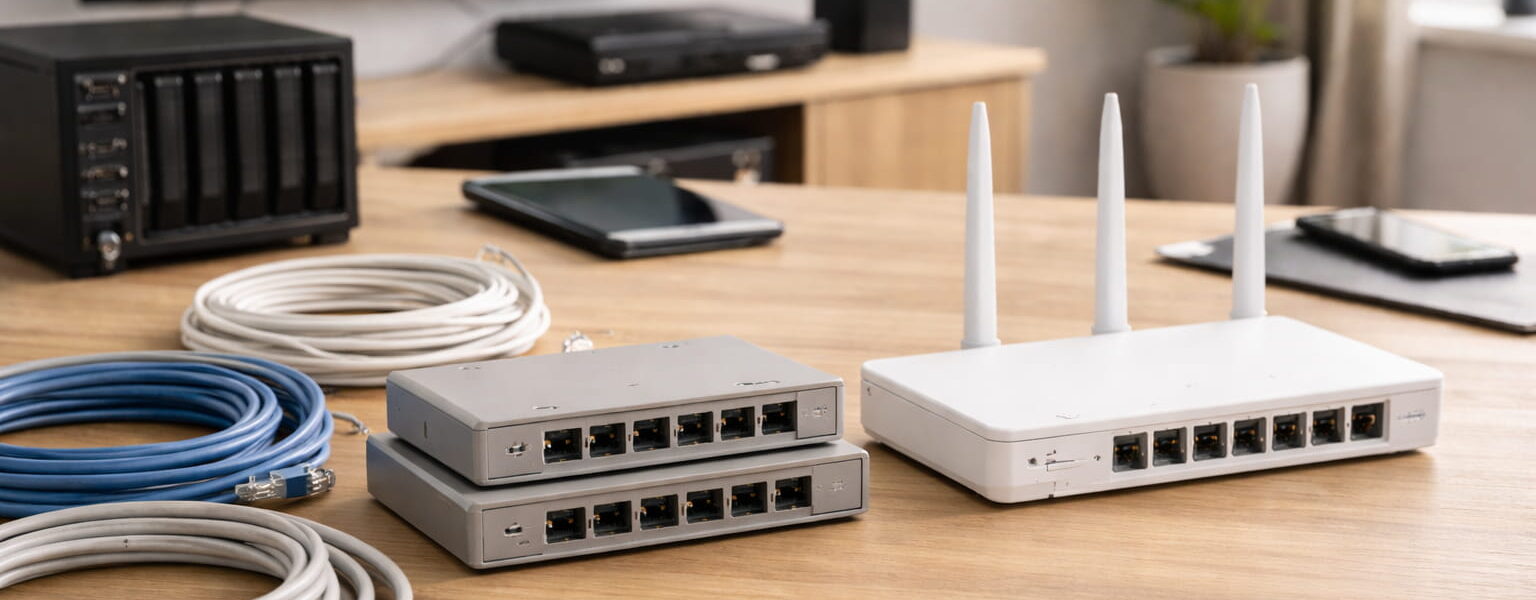 Router und Switch als wichtige LAN-Komponenten mit aufgerollten Netzwerkkabeln auf einem Tisch im Heimnetzwerk