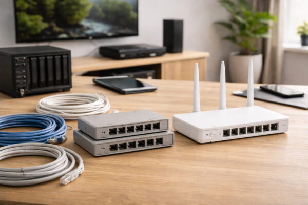 Router und Switch als wichtige LAN-Komponenten mit aufgerollten Netzwerkkabeln auf einem Tisch im Heimnetzwerk