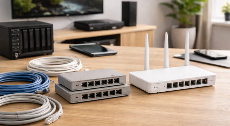 Router und Switch als wichtige LAN-Komponenten mit aufgerollten Netzwerkkabeln auf einem Tisch im Heimnetzwerk