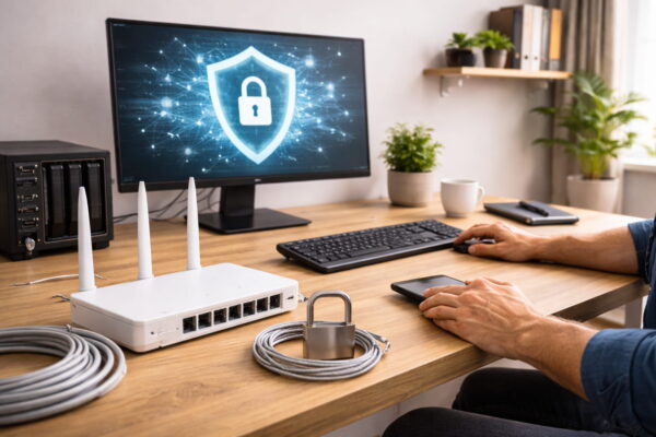 Heimnetzwerk Arbeitsplatz mit Router, NAS und Computer zur Darstellung von Sicherheit im LAN