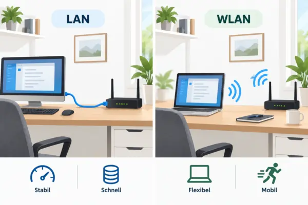 Vergleich von LAN und WLAN im Homeoffice: Desktop-PC mit Netzwerkkabel und Laptop mit drahtloser Verbindung