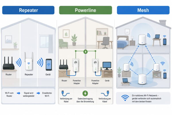 Vergleich von Mesh-WLAN-Systemen, Repeatern und Powerline für besseres WLAN im Haus