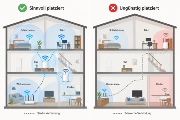 Grafik zur richtigen Platzierung von Mesh-WLAN-Knoten für eine stabile WLAN-Abdeckung im Haus
