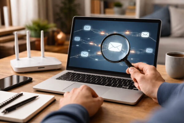 TCP und IP arbeiten zusammen: Datenpakete werden über Laptop und Router im Heimnetzwerk übertragen