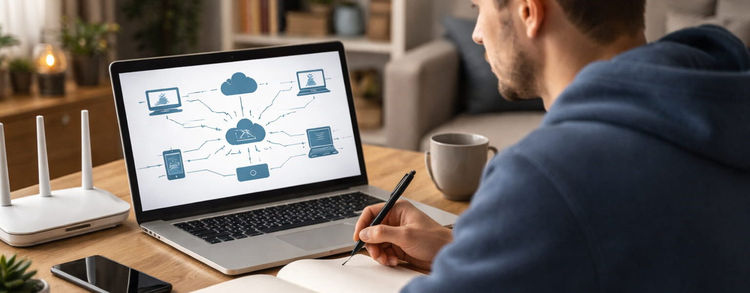 TCP/IP Grundlagen: Laptop mit Netzwerkdarstellung und Router im Heimnetzwerk
