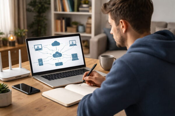 TCP/IP Grundlagen: Laptop mit Netzwerkdarstellung und Router im Heimnetzwerk