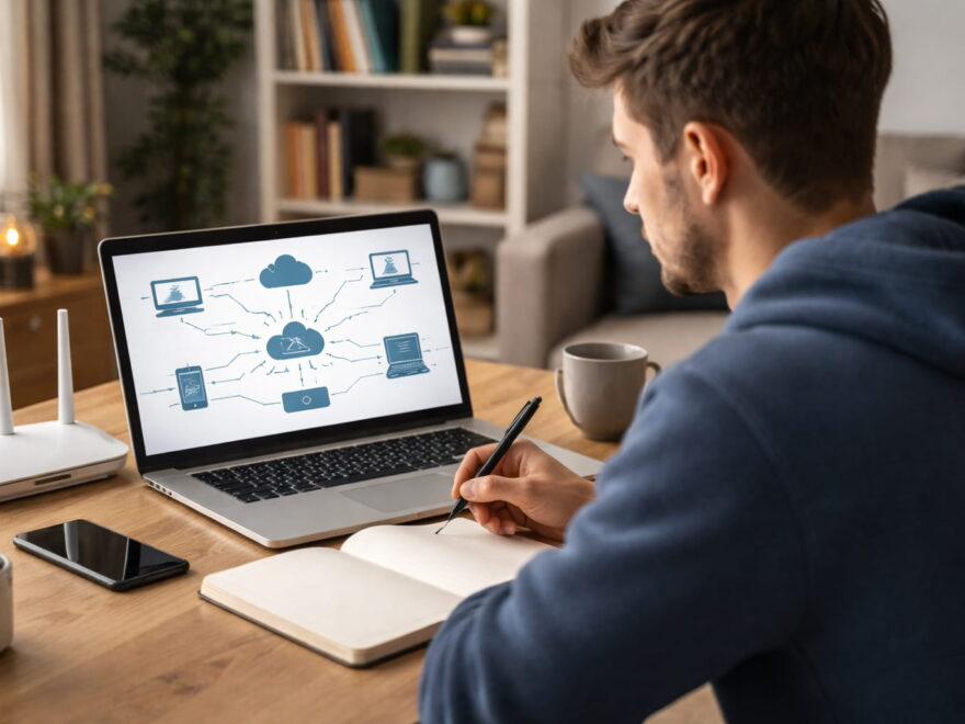 TCP/IP Grundlagen: Laptop mit Netzwerkdarstellung und Router im Heimnetzwerk