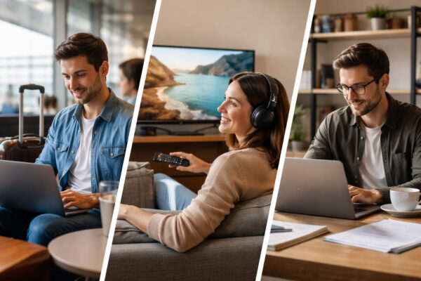 Typische Einsatzbereiche eines VPN: Internetnutzung unterwegs, Streaming zu Hause und Arbeiten im Homeoffice