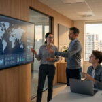 IT-Experten analysieren eine globale VPN-Infrastruktur und Server-Netzwerke auf einem Monitor in einem modernen Rechenzentrum.