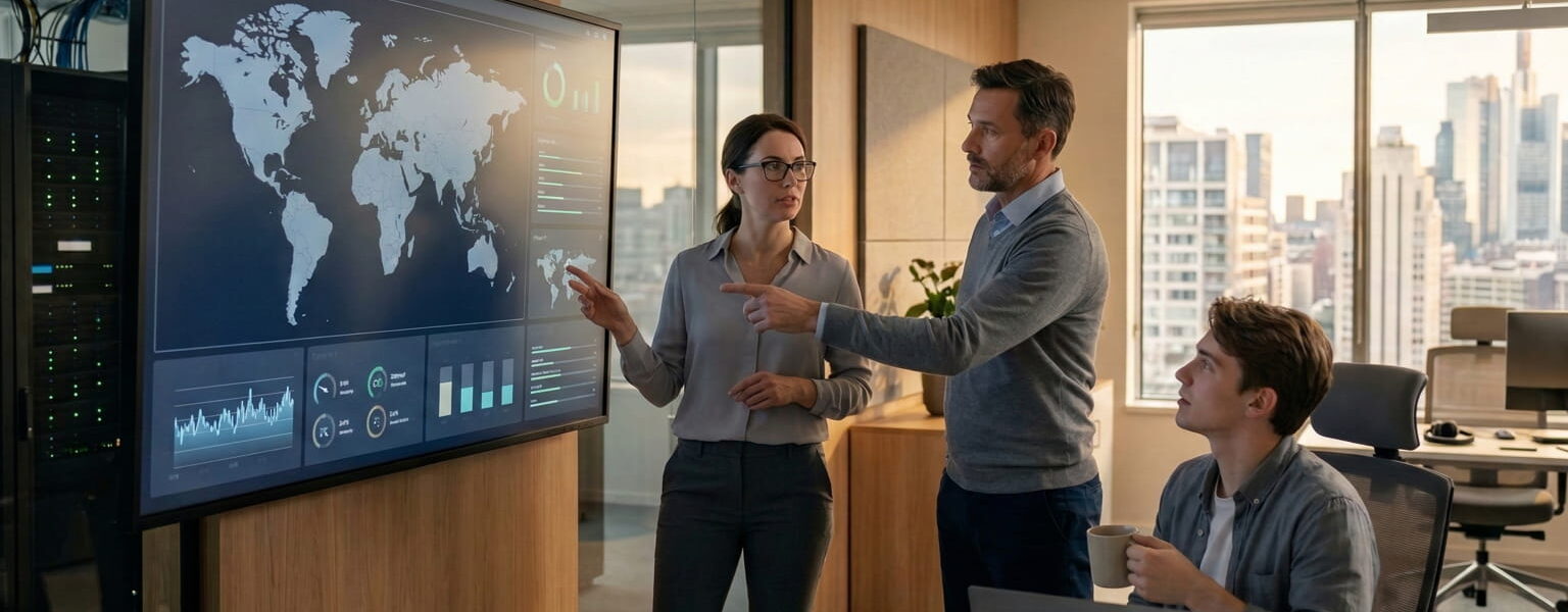 IT-Experten analysieren eine globale VPN-Infrastruktur und Server-Netzwerke auf einem Monitor in einem modernen Rechenzentrum.