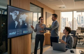 IT-Experten analysieren eine globale VPN-Infrastruktur und Server-Netzwerke auf einem Monitor in einem modernen Rechenzentrum.