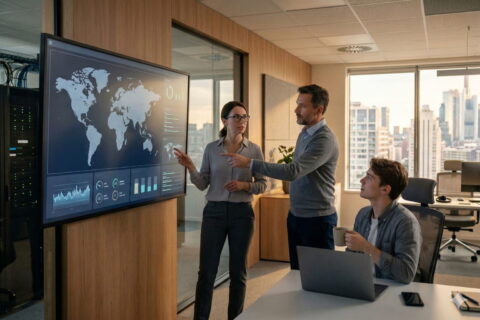 IT-Experten analysieren eine globale VPN-Infrastruktur und Server-Netzwerke auf einem Monitor in einem modernen Rechenzentrum.