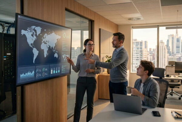 IT-Experten analysieren eine globale VPN-Infrastruktur und Server-Netzwerke auf einem Monitor in einem modernen Rechenzentrum.