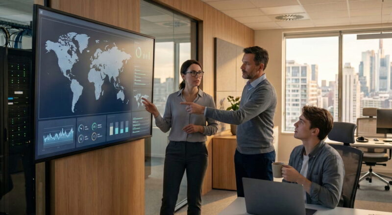 IT-Experten analysieren eine globale VPN-Infrastruktur und Server-Netzwerke auf einem Monitor in einem modernen Rechenzentrum.