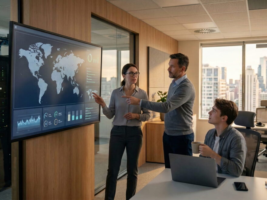 IT-Experten analysieren eine globale VPN-Infrastruktur und Server-Netzwerke auf einem Monitor in einem modernen Rechenzentrum.