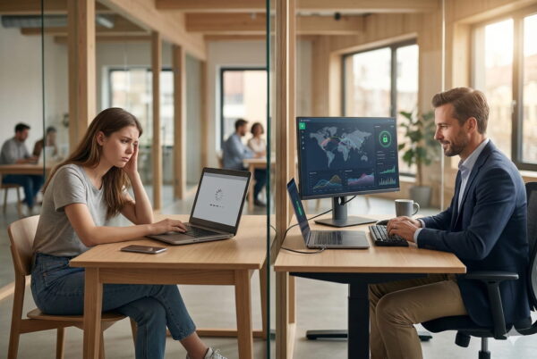 Direkter Vergleich der Internetgeschwindigkeit: Eine frustrierte Nutzerin mit Lade-Symbol am Laptop neben einem konzentrierten Nutzer mit schneller VPN-Verbindung.