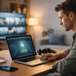 VPN-Verbindung beim Streaming auf einem Laptop im Wohnzimmer dargestellt