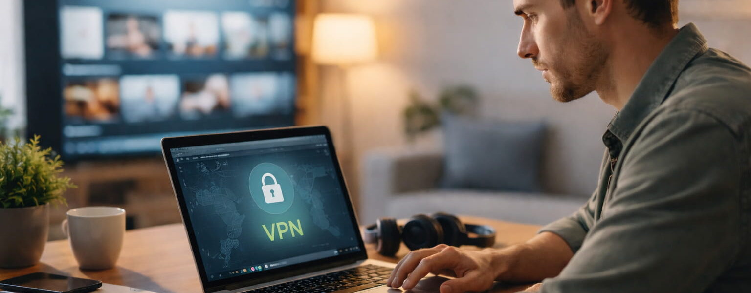 VPN-Verbindung beim Streaming auf einem Laptop im Wohnzimmer dargestellt