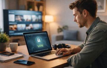 VPN-Verbindung beim Streaming auf einem Laptop im Wohnzimmer dargestellt