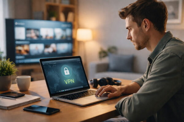 VPN beim Streaming technisch erklärt VPN-Verbindung beim Streaming auf einem Laptop im Wohnzimmer dargestellt