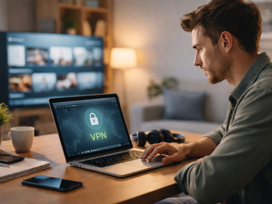 VPN-Verbindung beim Streaming auf einem Laptop im Wohnzimmer dargestellt