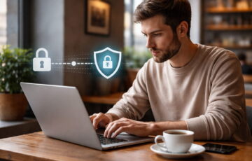Nutzer arbeitet mit Laptop im öffentlichen WLAN – VPN schützt die Internetverbindung