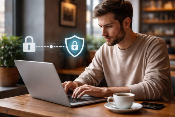 vpn verbindung laptop wlan Nutzer arbeitet mit Laptop im öffentlichen WLAN – VPN schützt die Internetverbindung