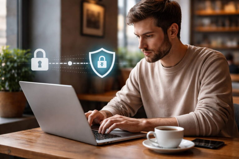 Nutzer arbeitet mit Laptop im öffentlichen WLAN – VPN schützt die Internetverbindung