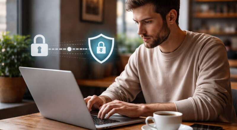 Nutzer arbeitet mit Laptop im öffentlichen WLAN – VPN schützt die Internetverbindung