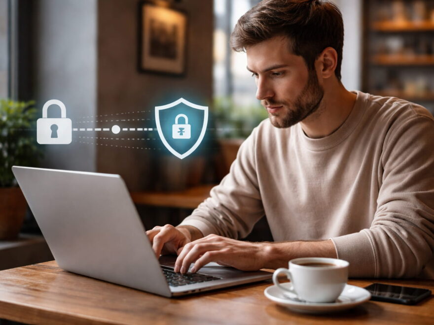 Nutzer arbeitet mit Laptop im öffentlichen WLAN – VPN schützt die Internetverbindung