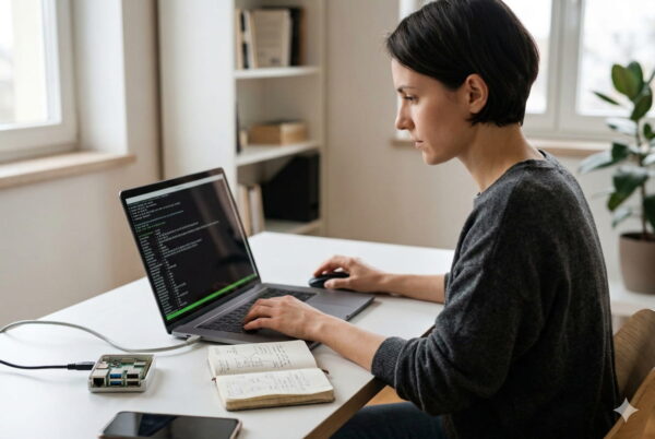 Schritt-für-Schritt-Konfiguration eines WireGuard-Tunnels Eine IT-Expertin konfiguriert WireGuard auf einem Laptop und nutzt ein Notizbuch für den Abgleich der Netzwerk-Schlüssel.