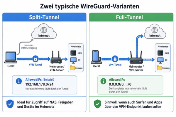 WireGuard: Split-Tunnel und Full-Tunnel mit AllowedIPs WireGuard Split-Tunnel und Full-Tunnel im Vergleich
