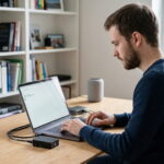 Ein IT-Experte konfiguriert WireGuard VPN auf einem Laptop und einem kompakten Netzwerk-Server im Homeoffice.