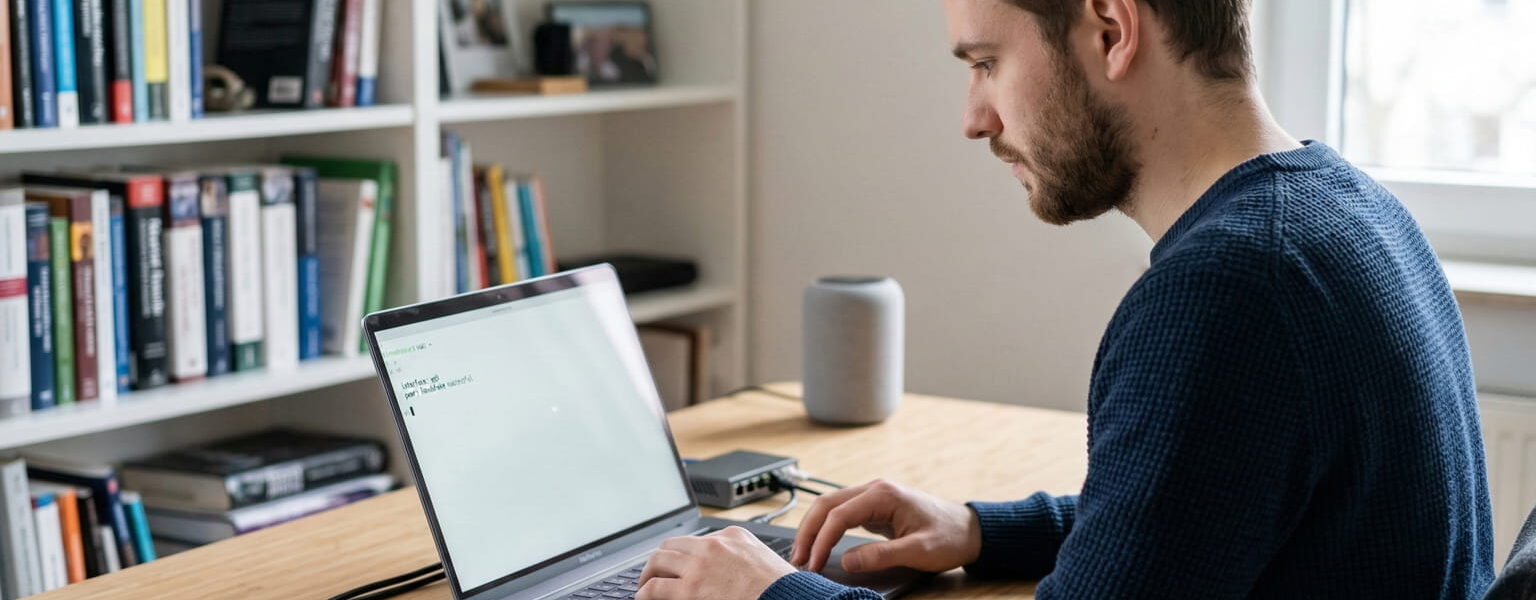 Ein IT-Experte konfiguriert WireGuard VPN auf einem Laptop und einem kompakten Netzwerk-Server im Homeoffice.