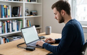 Ein IT-Experte konfiguriert WireGuard VPN auf einem Laptop und einem kompakten Netzwerk-Server im Homeoffice.