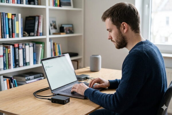 Einfache WireGuard Einrichtung am Arbeitsplatz Ein IT-Experte konfiguriert WireGuard VPN auf einem Laptop und einem kompakten Netzwerk-Server im Homeoffice.