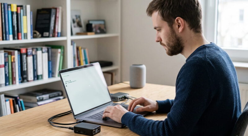 Ein IT-Experte konfiguriert WireGuard VPN auf einem Laptop und einem kompakten Netzwerk-Server im Homeoffice.