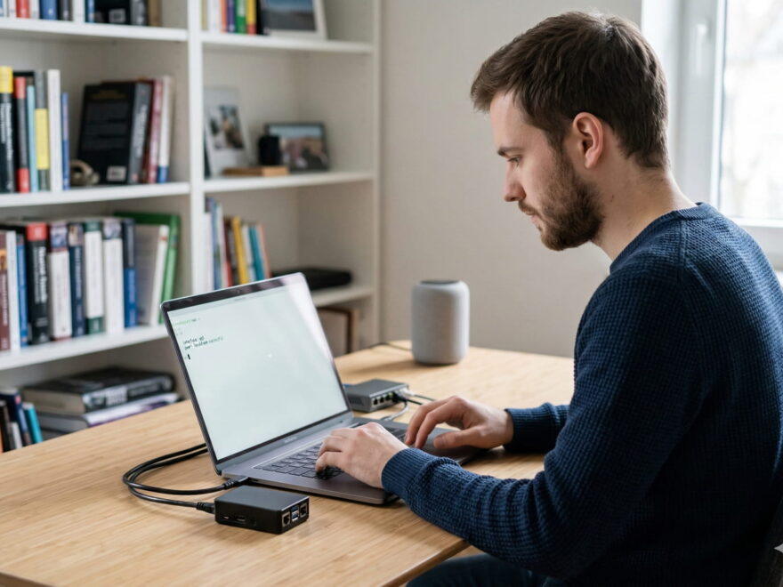 Ein IT-Experte konfiguriert WireGuard VPN auf einem Laptop und einem kompakten Netzwerk-Server im Homeoffice.