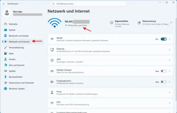 Windows 11 Netzwerkeinstellungen mit aktiver und gesicherter WLAN-Verbindung