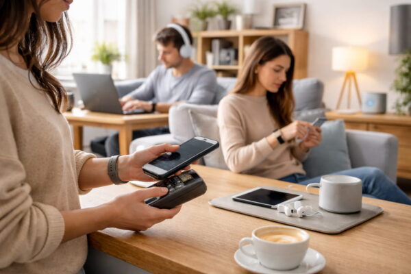 Menschen nutzen Smartphone, Smartwatch und kabellose Kopfhörer im Alltag über ein WPAN