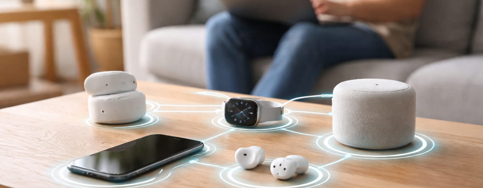 Smartphone, Smartwatch und kabellose Kopfhörer sind über ein WPAN drahtlos miteinander verbunden