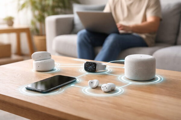 Smartphone, Smartwatch und kabellose Kopfhörer sind über ein WPAN drahtlos miteinander verbunden