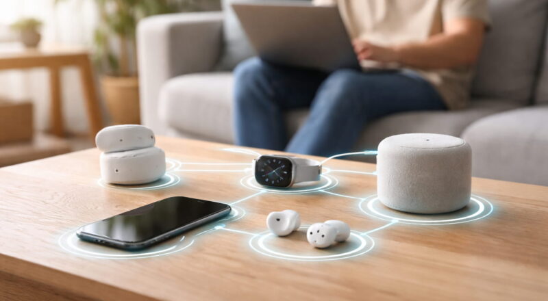 Smartphone, Smartwatch und kabellose Kopfhörer sind über ein WPAN drahtlos miteinander verbunden