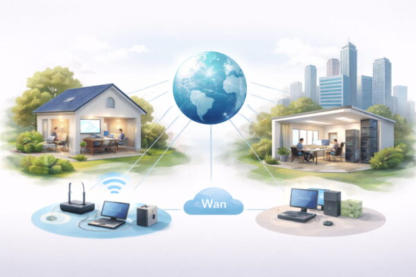 Übersicht verschiedener Netzwerkarten wie LAN, WLAN und WAN im Alltag dargestellt